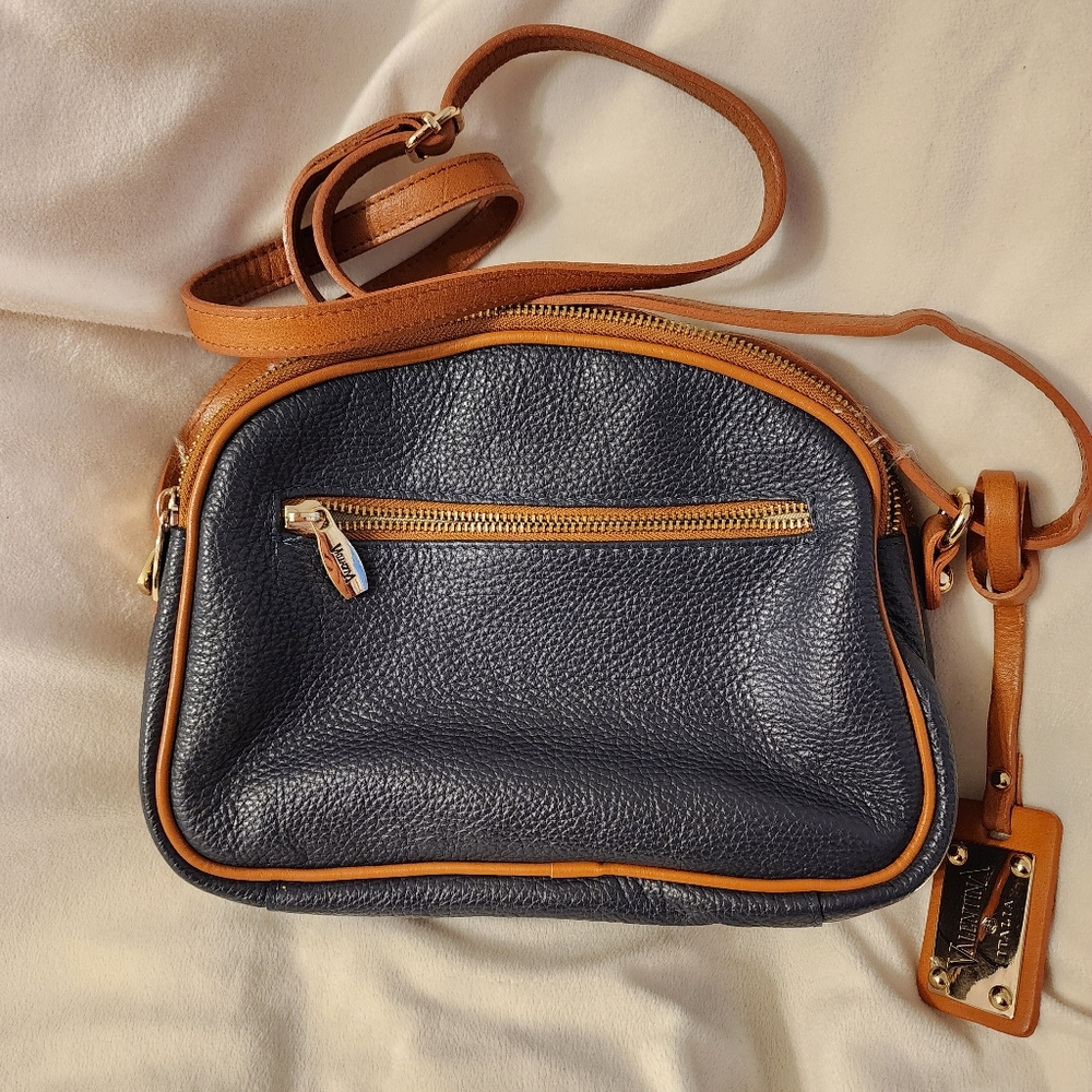 Navy Blue Leather Crossbody Bag with Brown Trim